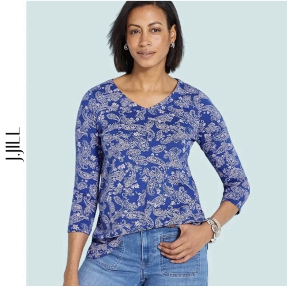 J.Jill  Size XL Blouse Blue Pink Floral Pima 3/4 Sleeve V-Neck Top